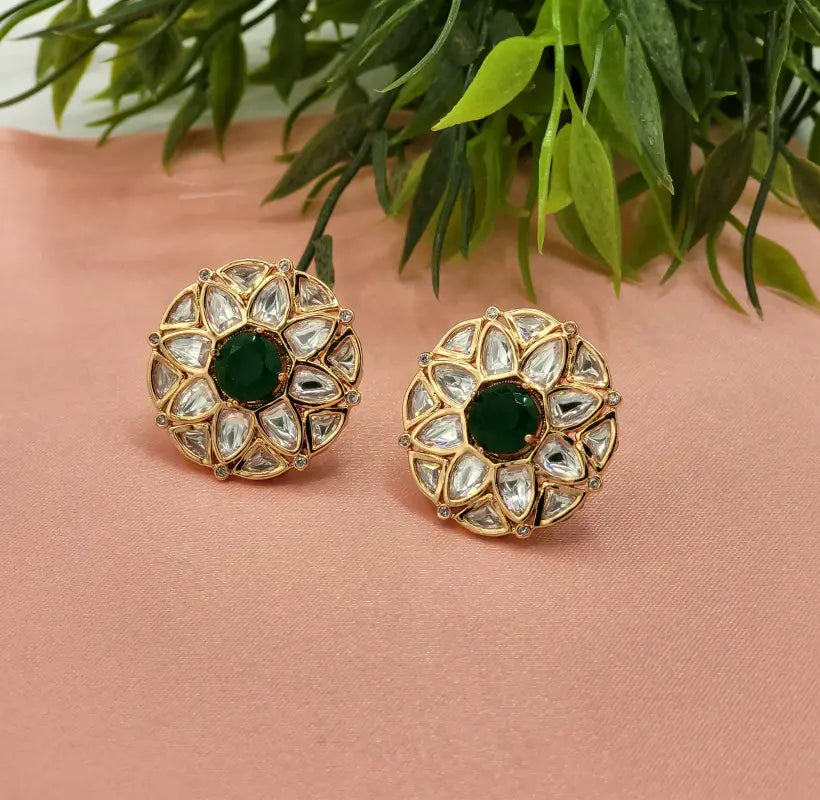 Elegant Handcrafted Green Kundan Jewelry in Golden Tone - Earrings