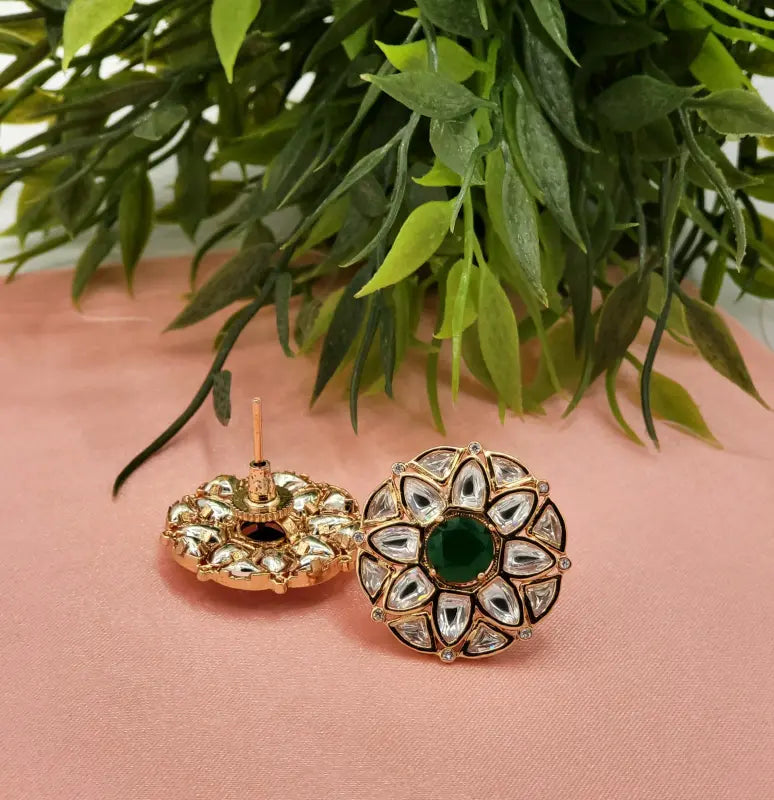 Elegant Handcrafted Green Kundan Jewelry in Golden Tone - Earrings