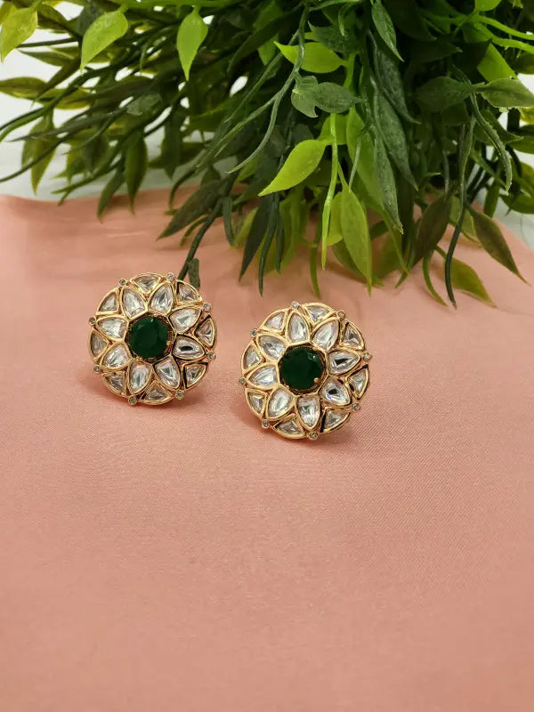 Elegant Handcrafted Green Kundan Jewelry in Golden Tone - Earrings