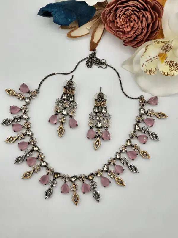 Handcrafted Dual-Tone Jewelry with Semi-Precious Stones & Cubic Zirconia - Pink Brilliance, Necklace Set
