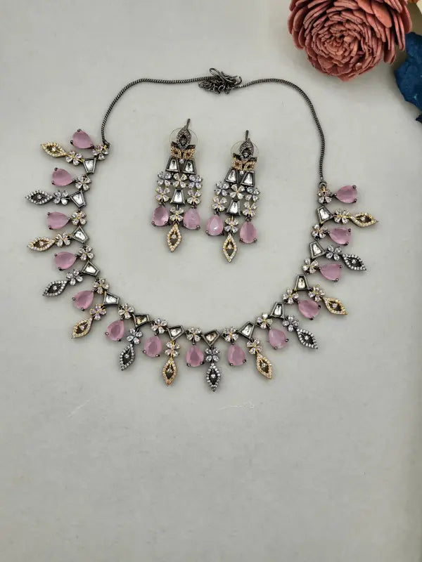 Handcrafted Dual-Tone Jewelry with Semi-Precious Stones & Cubic Zirconia - Pink Brilliance, Necklace Set