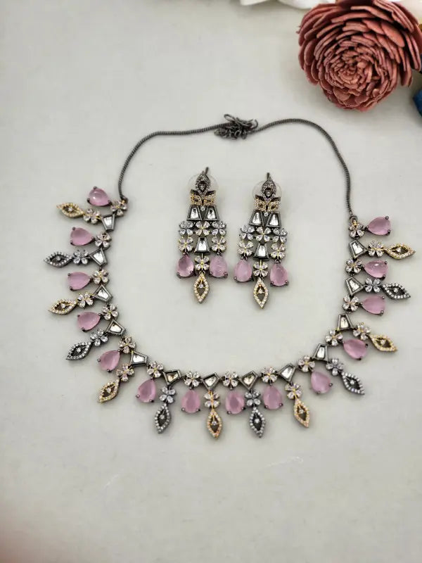 Handcrafted Dual-Tone Jewelry with Semi-Precious Stones & Cubic Zirconia - Pink Brilliance, Necklace Set
