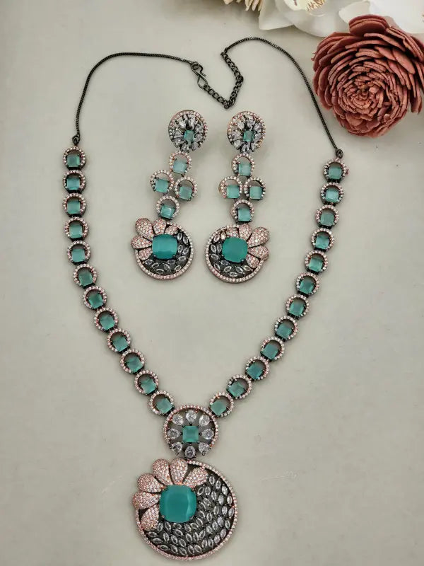 Handcrafted Oxidized Jewelry with Semi-Precious Stones & Cubic Zirconia - Turquoise Radiance, Necklace Set