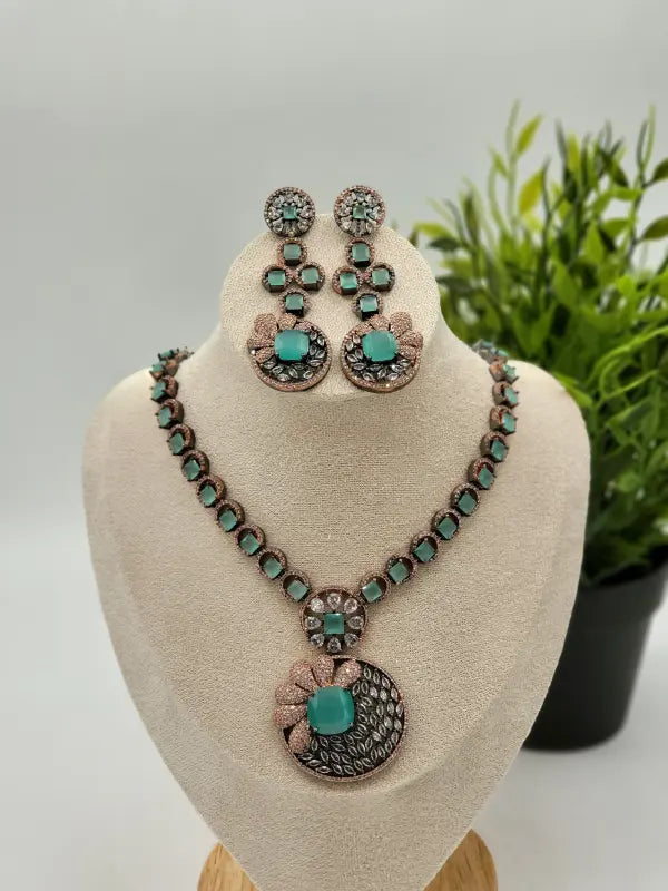 Handcrafted Oxidized Jewelry with Semi-Precious Stones & Cubic Zirconia - Turquoise Radiance, Necklace Set