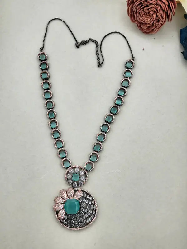 Handcrafted Oxidized Jewelry with Semi-Precious Stones & Cubic Zirconia - Turquoise Radiance, Necklace Set