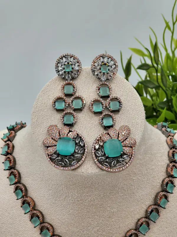 Handcrafted Oxidized Jewelry with Semi-Precious Stones & Cubic Zirconia - Turquoise Radiance, Necklace Set