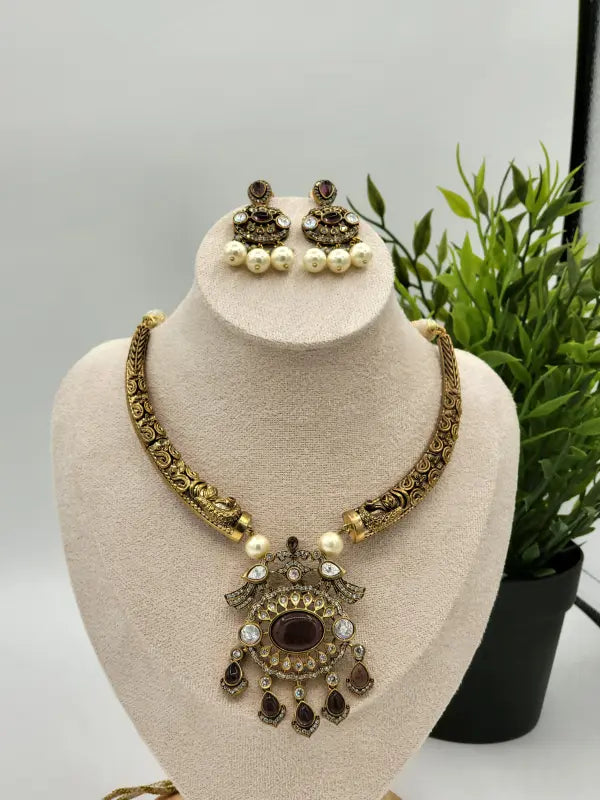 Handcrafted Brass Jewelry with Semi-Precious Stones & Beadwork - Necklace Set