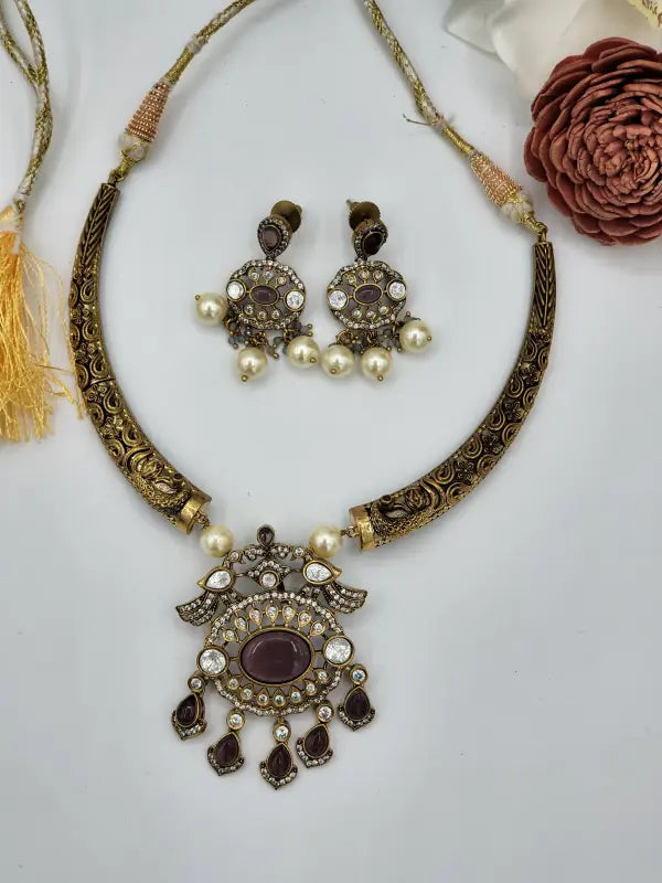 Handcrafted Brass Jewelry with Semi-Precious Stones & Beadwork - Necklace Set