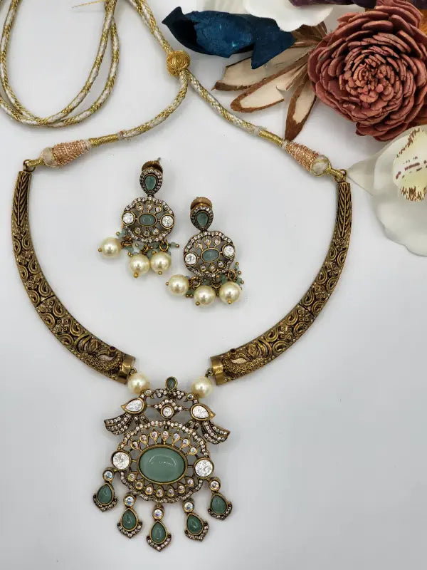 Handcrafted Brass Jewelry with Semi-Precious Stones & Beadwork - Necklace Set