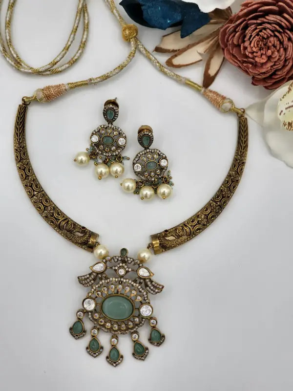 Handcrafted Brass Jewelry with Semi-Precious Stones & Beadwork - Necklace Set