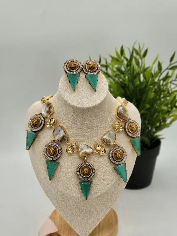 Handcrafted Brass & Semi-Precious Stone Jewelry - Aqua Elegance, Necklace Set