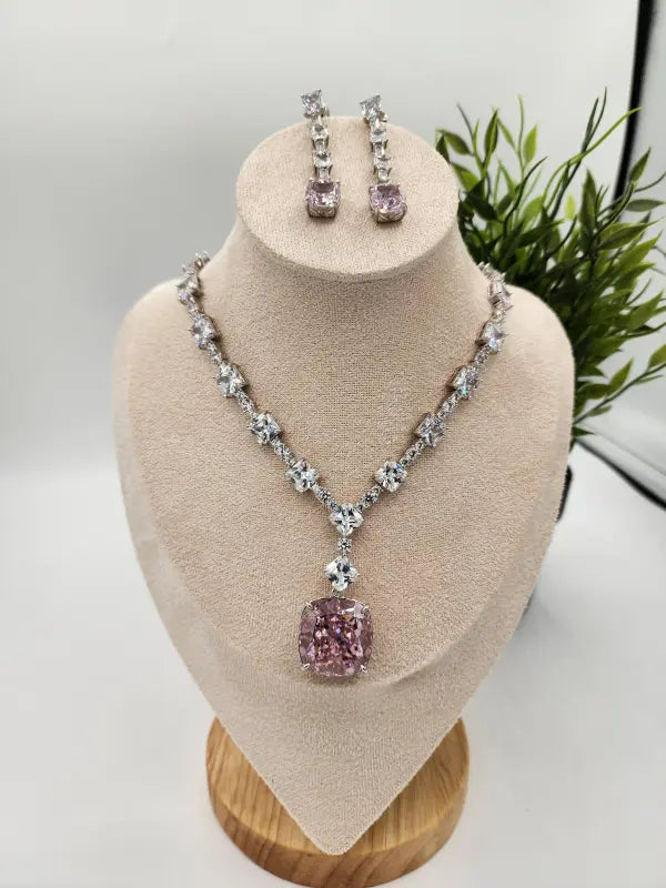 Handcrafted Stainless Steel & Swiss Zircon Jewelry - Pink Silver Radiance, Necklace Set