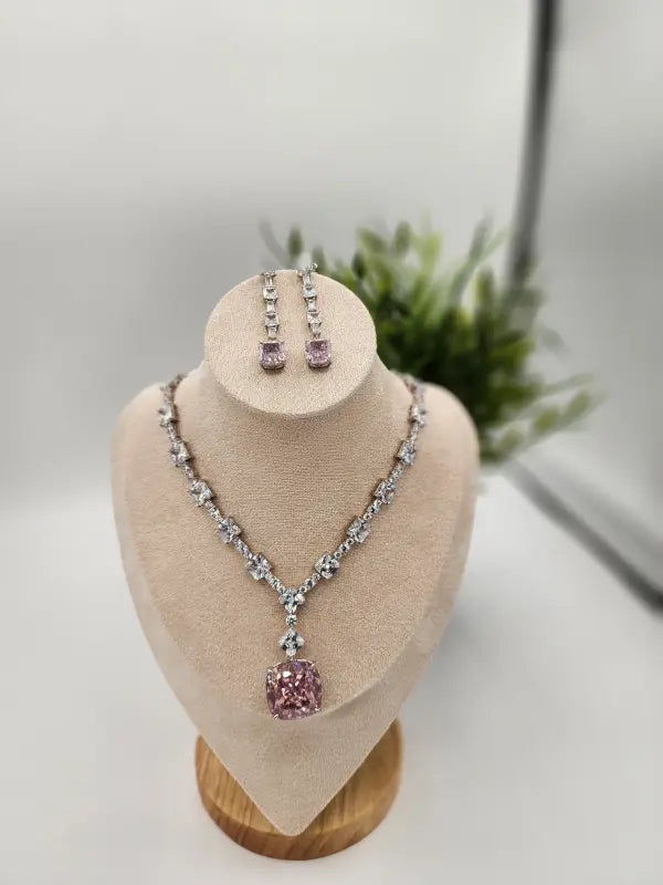 Handcrafted Stainless Steel & Swiss Zircon Jewelry - Pink Silver Radiance, Necklace Set