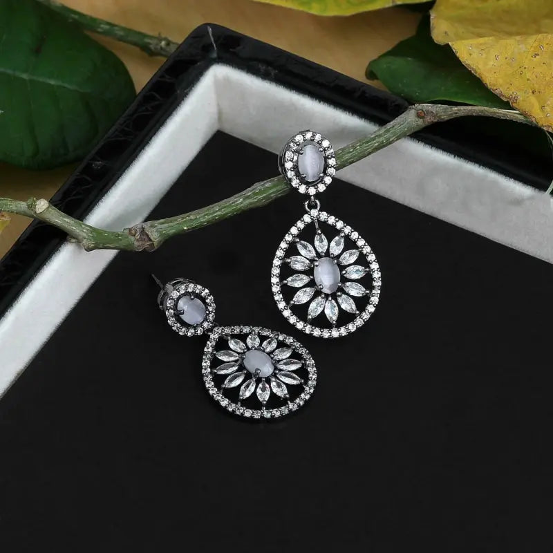 Handcrafted Gray Drop Stud Earrings with Glass Stones and Cubic Zirconia-Earrings