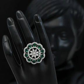 Handcrafted Ethnic Brass and German Silver Ring with Precious Stones-Ring