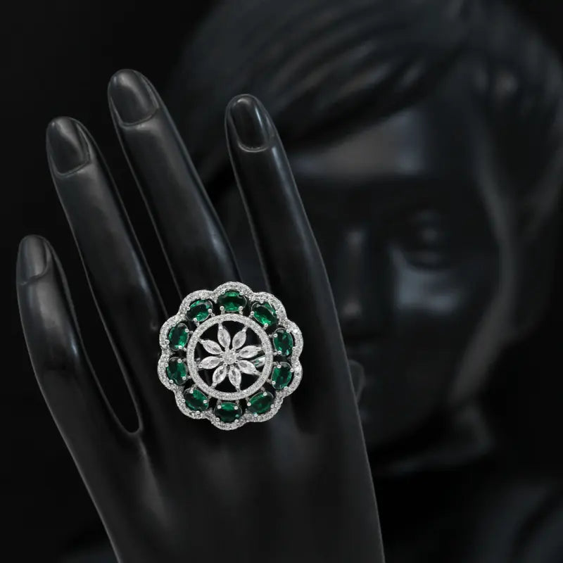 Handcrafted Ethnic Brass and German Silver Ring with Precious Stones-Ring
