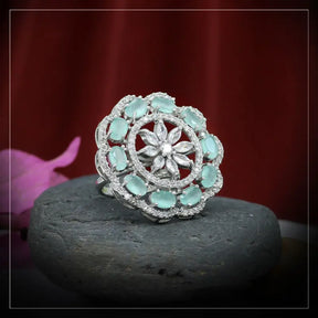 Handcrafted Ethnic Brass and German Silver Ring with Precious Stones-Ring