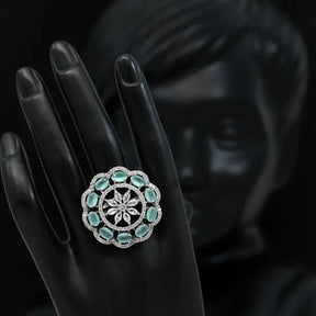 Handcrafted Ethnic Brass and German Silver Ring with Precious Stones-Ring