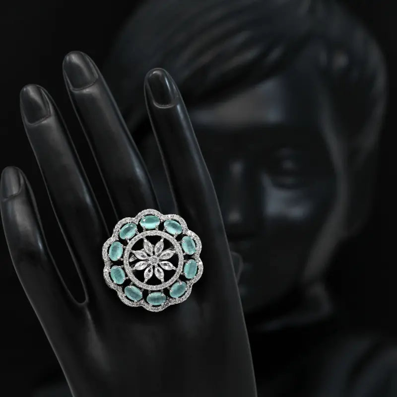 Handcrafted Ethnic Brass and German Silver Ring with Precious Stones-Ring