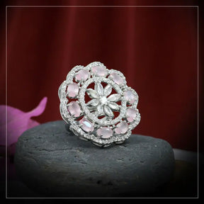 Handcrafted Ethnic Brass and German Silver Ring with Precious Stones-Ring