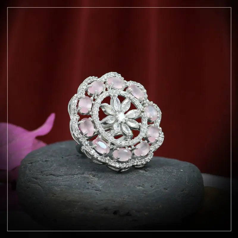 Handcrafted Ethnic Brass and German Silver Ring with Precious Stones-Ring