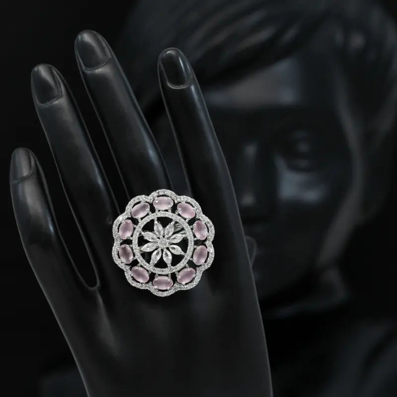 Handcrafted Ethnic Brass and German Silver Ring with Precious Stones-Ring