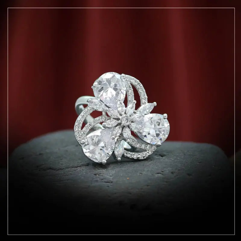 Handcrafted Ethnic White Ring with Precious and Glass Stones-Ring