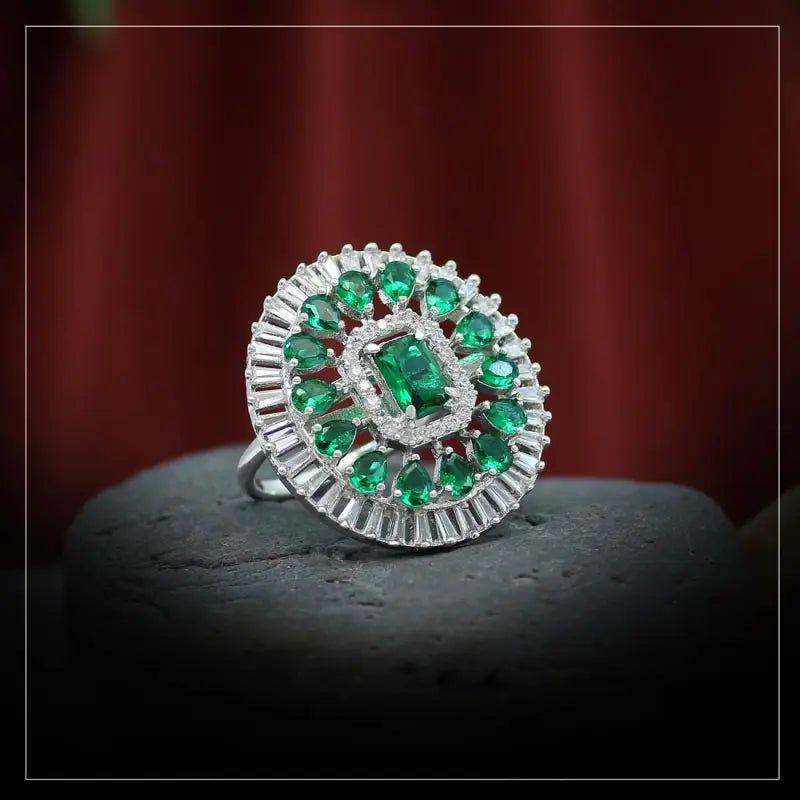 Handcrafted Ethnic Green Brass Ring with Precious and Glass Stones-Ring