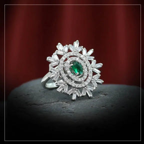 Handcrafted Ethnic Green Silver Plated Ring with Precious and Glass Stones-Ring