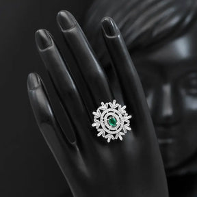 Handcrafted Ethnic Green Silver Plated Ring with Precious and Glass Stones-Ring