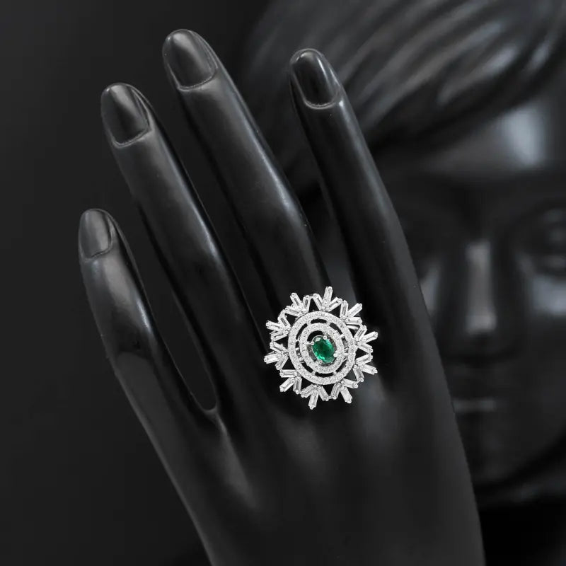 Handcrafted Ethnic Green Silver Plated Ring with Precious and Glass Stones-Ring