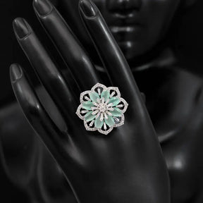 Handcrafted Ethnic Teal Ring with Precious and Semi-Precious Stones-Ring