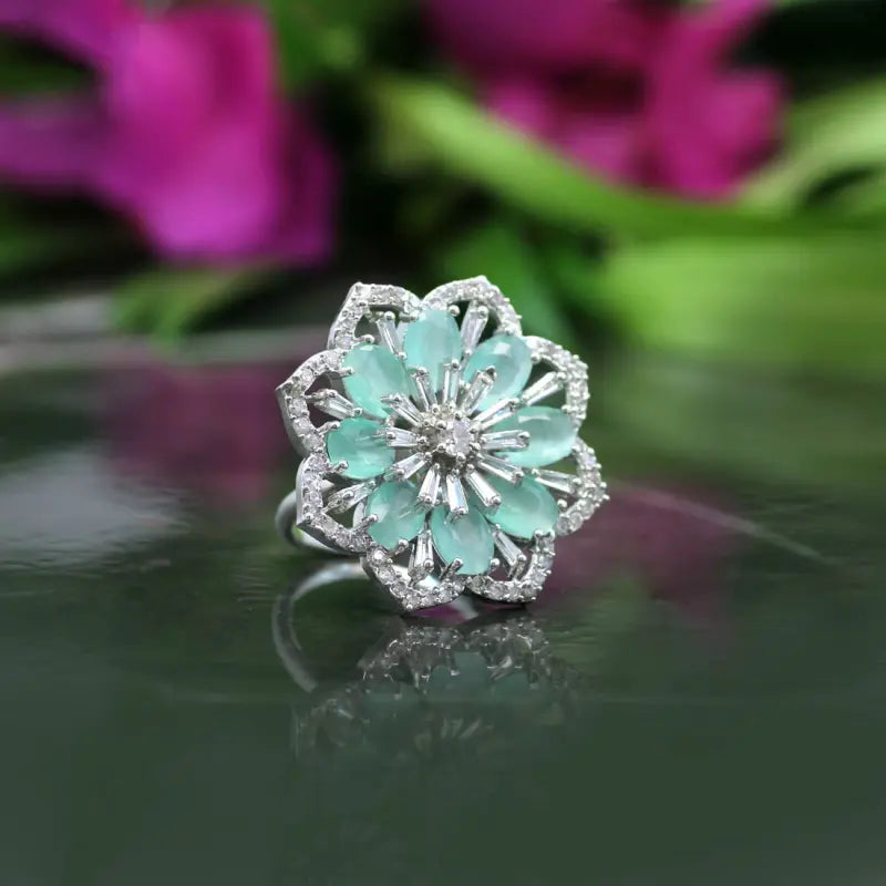Handcrafted Ethnic Teal Ring with Precious and Semi-Precious Stones-Ring