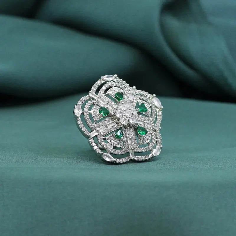 Handcrafted Ethnic Green Ring Adorned with Precious Gemstones-Ring