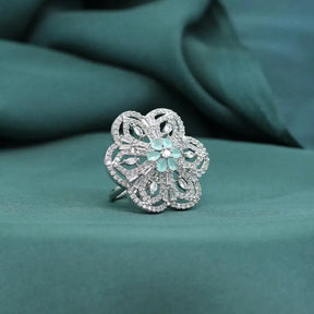 Handcrafted Teal Ethnic Ring with Precious and Semi-Precious Stones-Ring