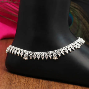Radiant Silver Handcrafted Anklet with Precious Stones and Rhinestone Detailing-Anklet