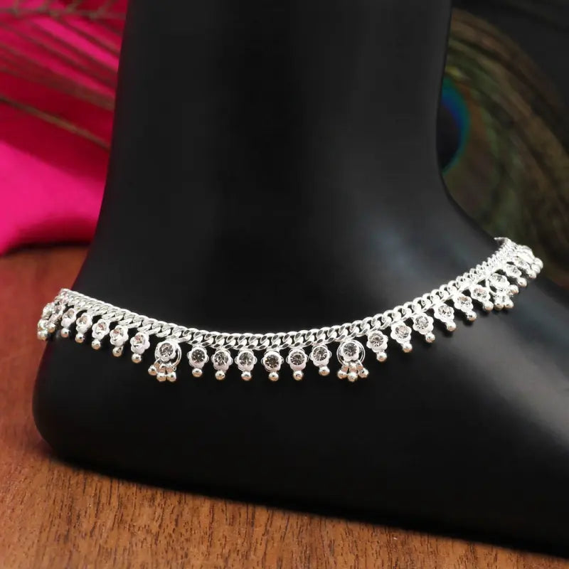 Radiant Silver Handcrafted Anklet with Precious Stones and Rhinestone Detailing-Anklet