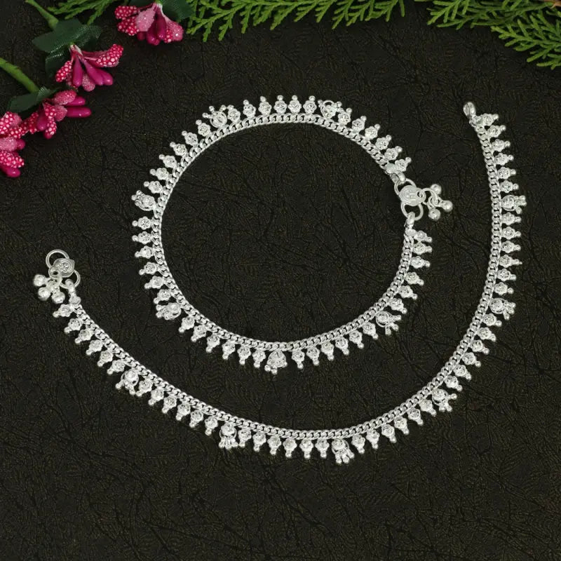 Radiant Silver Handcrafted Anklet with Precious Stones and Rhinestone Detailing-Anklet