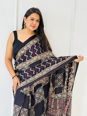 Cream Modal Silk Kalamkari Bagdu Dabu Saree in Handwoven Dabu Block Printing in Natural Silk