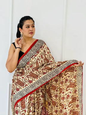 Peach Modal Silk Kalamkari Bagdu Dabu Saree in Handwoven Dabu Block Printing in Natural Silk