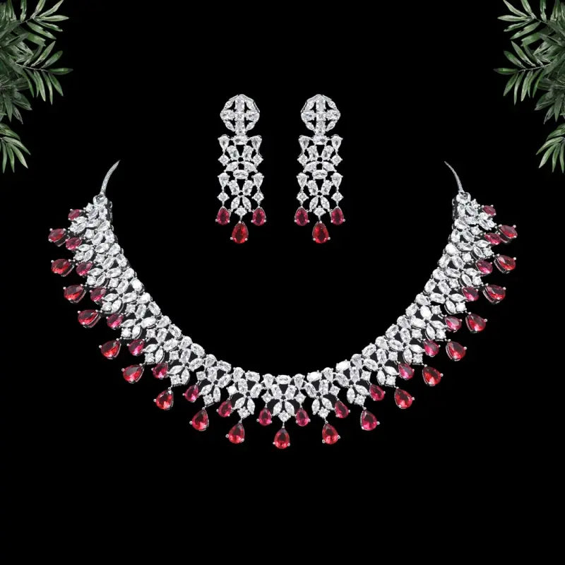 Handcrafted Ethnic Silver Plated Necklace Set with Glass Stone-Necklace Set