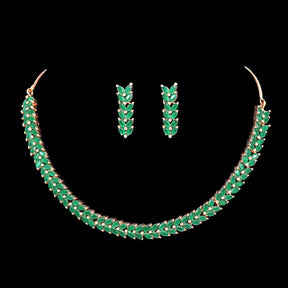Handcrafted Ethnic Silver Plated Necklace Set with Green Glass Stone-Necklace Set
