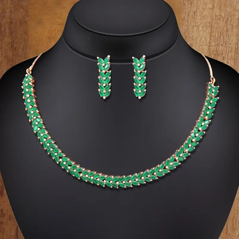 Handcrafted Ethnic Silver Plated Necklace Set with Green Glass Stone-Necklace Set