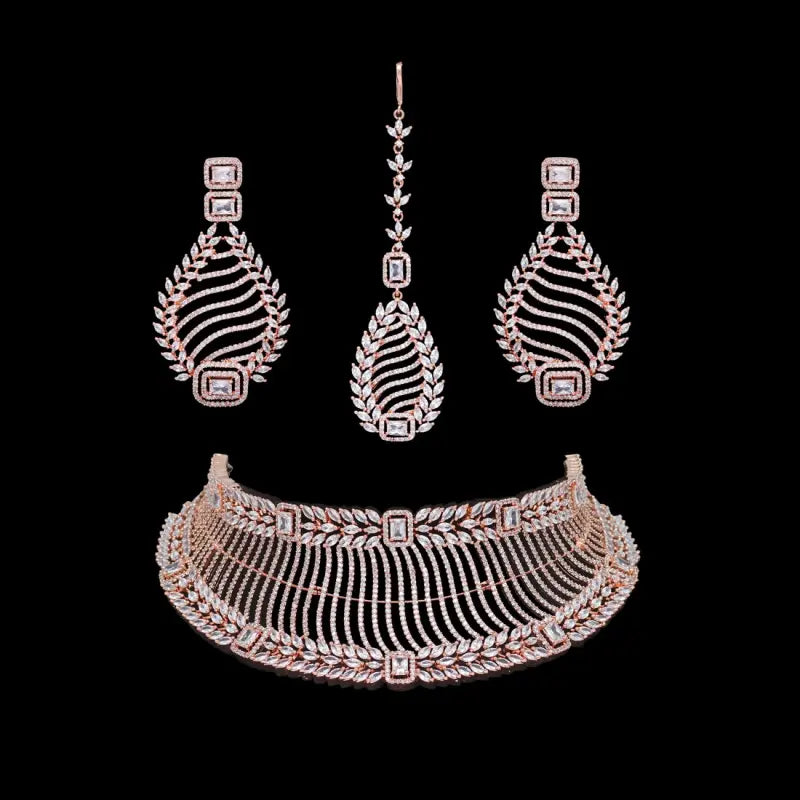 Handcrafted Ethnic Silver Plated Necklace Set with White Glass Stone-Necklace Set