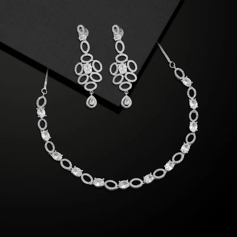 Handcrafted Ethnic Silver Plated Necklace Set with Silver Glass Stone-Necklace Set