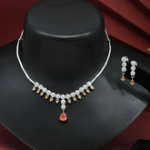 Handcrafted Ethnic Silver Plated Necklace Set with Brown Glass Stone-Necklace Set