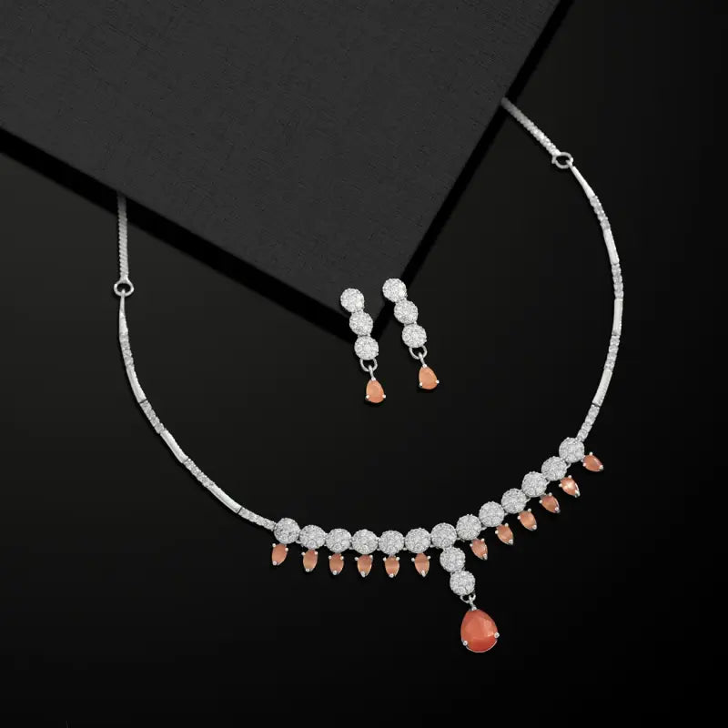 Handcrafted Ethnic Silver Plated Necklace Set with Brown Glass Stone-Necklace Set