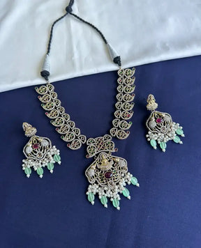 Mint Victorian Temple Necklace with Cubic Zirconia and Semi-Precious Stones-Regular Necklace Sets