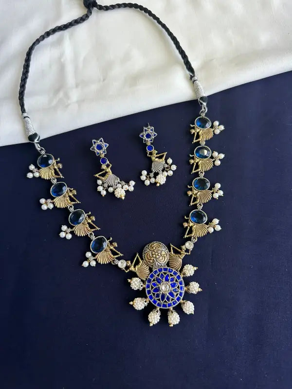 Stunning Blue Handcrafted Brass and German Silver Necklace-Regular Necklace Sets