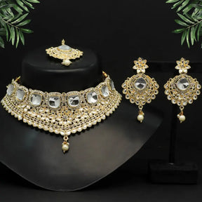 Handcrafted Ethnic Gold Plated Necklace Set with White Glass Stone-Necklace Set